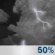 Tonight: A chance of rain and thunderstorms, then showers and possibly a thunderstorm after midnight.  Low around 52. Southwest wind 6 to 13 mph becoming northwest after midnight. Winds could gust as high as 23 mph.  Chance of precipitation is 80%. New rainfall amounts between a quarter and half of an inch possible. 